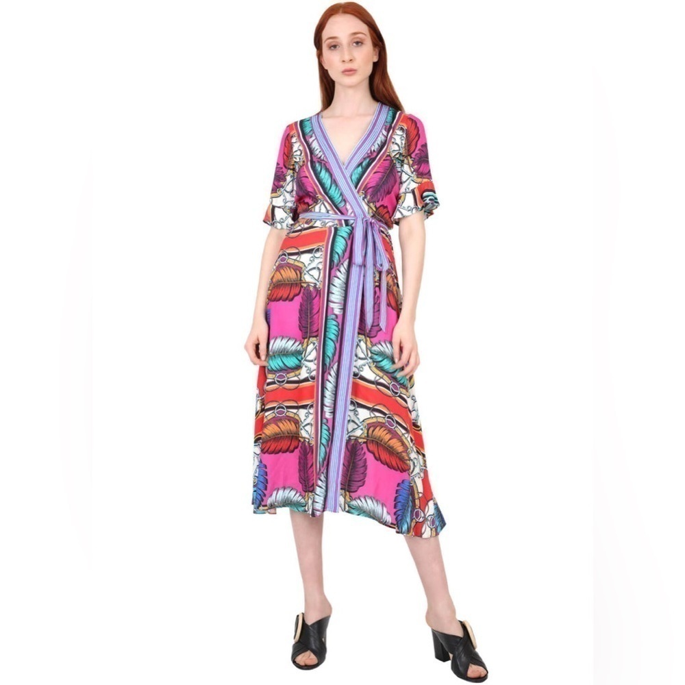 HaleBob • Bohemian monstera horse bit Print Midi wrap Dress